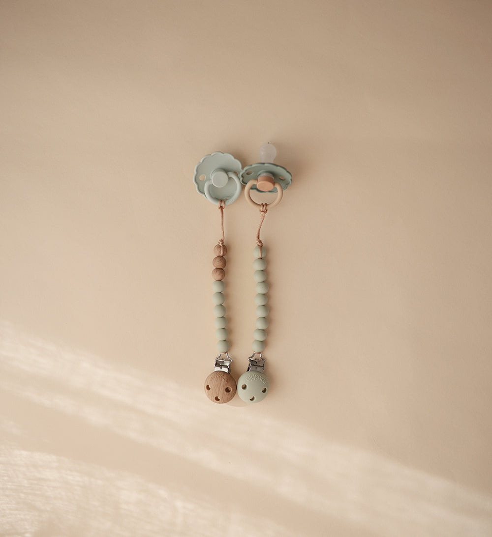 美國Mushie Pacifier Clips Eva 矽膠木珠奶嘴鏈-Sage